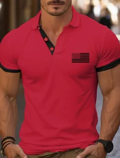 Clearance OUKU Men's Golf Shirt Golf Polos Shirts Work Casual Lapel Short Sleeve Basic Modern Color Block National Flag Patchwork Buttons Summer Regular Fit Wine White Yellow Red Navy Blue Dark Gray Golf Shirt