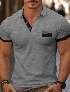 Clearance OUKU Men's Golf Shirt Golf Polos Shirts Work Casual Lapel Short Sleeve Basic Modern Color Block National Flag Patchwork Buttons Summer Regular Fit Wine White Yellow Red Navy Blue Dark Gray Golf Shirt