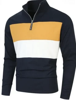 OUKU Men's Golf Shirt Golf Polos Shirts Work Casual Lapel Long Sleeve Basic Modern Color Block Patchwork Quarter Zip Spring & Fall Regular Fit Black White Dark Navy Blue Gray Golf Shirt