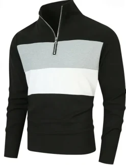 OUKU Men's Golf Shirt Golf Polos Shirts Work Casual Lapel Long Sleeve Basic Modern Color Block Patchwork Quarter Zip Spring & Fall Regular Fit Black White Dark Navy Blue Gray Golf Shirt