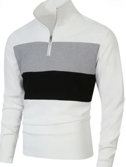 OUKU Men's Golf Shirt Golf Polos Shirts Work Casual Lapel Long Sleeve Basic Modern Color Block Patchwork Quarter Zip Spring & Fall Regular Fit Black White Dark Navy Blue Gray Golf Shirt