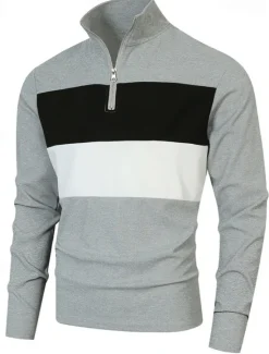 OUKU Men's Golf Shirt Golf Polos Shirts Work Casual Lapel Long Sleeve Basic Modern Color Block Patchwork Quarter Zip Spring & Fall Regular Fit Black White Dark Navy Blue Gray Golf Shirt