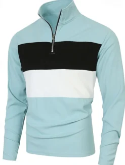 OUKU Men's Golf Shirt Golf Polos Shirts Work Casual Lapel Long Sleeve Basic Modern Color Block Patchwork Quarter Zip Spring & Fall Regular Fit Black White Dark Navy Blue Gray Golf Shirt