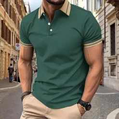OUKU Men's Golf Shirt Golf Polos Shirts Work Casual Lapel Short Sleeve Basic Modern Color Block Patchwork Buttons Spring & Summer Regular Fit Black White Wine Army Green Navy Blue Blue Golf Shirt