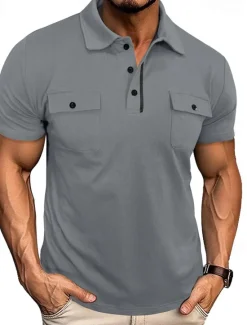 Sale OUKU Men's Golf Shirt Golf Polos Shirts Work Casual Lapel Short Sleeve Basic Modern Plain Pocket Buttons Summer Spring Regular Fit Wine Black White Navy Blue Blue Light Grey Golf Shirt