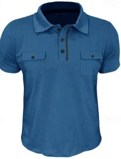 Sale OUKU Men's Golf Shirt Golf Polos Shirts Work Casual Lapel Short Sleeve Basic Modern Plain Pocket Buttons Summer Spring Regular Fit Wine Black White Navy Blue Blue Light Grey Golf Shirt