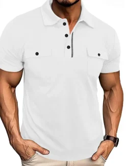 Sale OUKU Men's Golf Shirt Golf Polos Shirts Work Casual Lapel Short Sleeve Basic Modern Plain Pocket Buttons Summer Spring Regular Fit Wine Black White Navy Blue Blue Light Grey Golf Shirt
