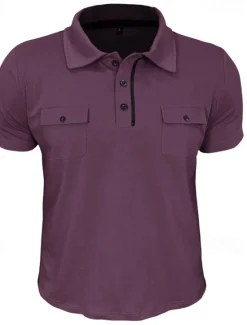 Sale OUKU Men's Golf Shirt Golf Polos Shirts Work Casual Lapel Short Sleeve Basic Modern Plain Pocket Buttons Summer Spring Regular Fit Wine Black White Navy Blue Blue Light Grey Golf Shirt