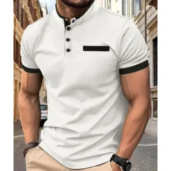 New OUKU Men's Golf Shirt Golf Polo Work Casual Stand Collar Short Sleeve Basic Modern Color Block Patchwork Button Spring & Summer Regular Fit Wine Black White Navy Blue Khaki Golf Shirt