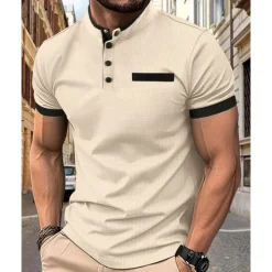 New OUKU Men's Golf Shirt Golf Polo Work Casual Stand Collar Short Sleeve Basic Modern Color Block Patchwork Button Spring & Summer Regular Fit Wine Black White Navy Blue Khaki Golf Shirt