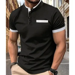 New OUKU Men's Golf Shirt Golf Polo Work Casual Stand Collar Short Sleeve Basic Modern Color Block Patchwork Button Spring & Summer Regular Fit Wine Black White Navy Blue Khaki Golf Shirt