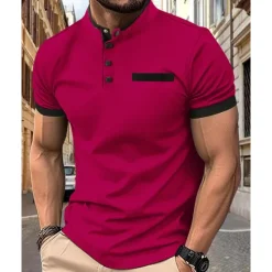 New OUKU Men's Golf Shirt Golf Polo Work Casual Stand Collar Short Sleeve Basic Modern Color Block Patchwork Button Spring & Summer Regular Fit Wine Black White Navy Blue Khaki Golf Shirt