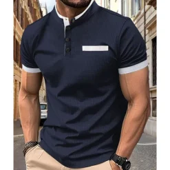 New OUKU Men's Golf Shirt Golf Polo Work Casual Stand Collar Short Sleeve Basic Modern Color Block Patchwork Button Spring & Summer Regular Fit Wine Black White Navy Blue Khaki Golf Shirt