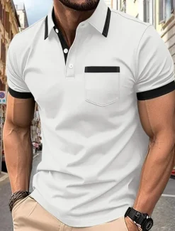 Best OUKU Men's Golf Shirt Golf Polos Shirts Work Casual Lapel Short Sleeve Basic Modern Color Block Patchwork Pocket Summer Regular Fit Black White Wine Navy Blue Sky Blue Brown Golf Shirt