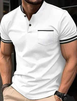 New OUKU Men's Golf Shirt Golf Polos Shirts Work Casual Stand Collar Short Sleeve Basic Modern Color Block Patchwork Buttons Spring & Summer Regular Fit Wine Black White Sky Blue Khaki Gray Golf Shirt