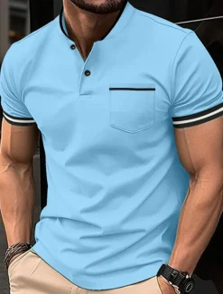 New OUKU Men's Golf Shirt Golf Polos Shirts Work Casual Stand Collar Short Sleeve Basic Modern Color Block Patchwork Buttons Spring & Summer Regular Fit Wine Black White Sky Blue Khaki Gray Golf Shirt