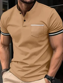 New OUKU Men's Golf Shirt Golf Polos Shirts Work Casual Stand Collar Short Sleeve Basic Modern Color Block Patchwork Buttons Spring & Summer Regular Fit Wine Black White Sky Blue Khaki Gray Golf Shirt
