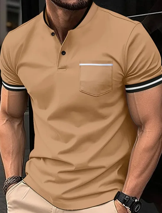 New OUKU Men's Golf Shirt Golf Polos Shirts Work Casual Stand Collar Short Sleeve Basic Modern Color Block Patchwork Buttons Spring & Summer Regular Fit Wine Black White Sky Blue Khaki Gray Golf Shirt