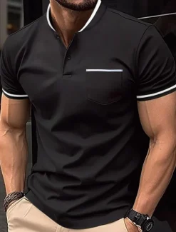 New OUKU Men's Golf Shirt Golf Polos Shirts Work Casual Stand Collar Short Sleeve Basic Modern Color Block Patchwork Buttons Spring & Summer Regular Fit Wine Black White Sky Blue Khaki Gray Golf Shirt