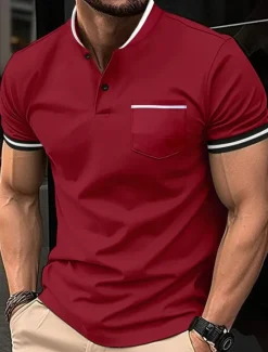 New OUKU Men's Golf Shirt Golf Polos Shirts Work Casual Stand Collar Short Sleeve Basic Modern Color Block Patchwork Buttons Spring & Summer Regular Fit Wine Black White Sky Blue Khaki Gray Golf Shirt