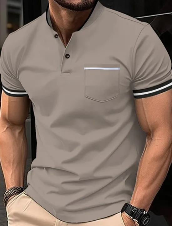 New OUKU Men's Golf Shirt Golf Polos Shirts Work Casual Stand Collar Short Sleeve Basic Modern Color Block Patchwork Buttons Spring & Summer Regular Fit Wine Black White Sky Blue Khaki Gray Golf Shirt