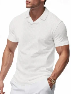 Hot OUKU Men's Golf Shirt Golf Polos Shirts Work Casual Lapel Short Sleeve Basic Modern Plain Patchwork Buttons Summer Regular Fit Sapphire Blue Black White Light Grey Khaki Golf Shirt