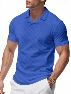Hot OUKU Men's Golf Shirt Golf Polos Shirts Work Casual Lapel Short Sleeve Basic Modern Plain Patchwork Buttons Summer Regular Fit Sapphire Blue Black White Light Grey Khaki Golf Shirt