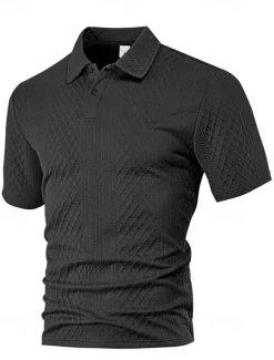 Sale OUKU Men's Golf Shirt Golf Polos Shirts Work Casual Lapel Short Sleeve Basic Modern Plain Buttons Jacquard Summer Spring Regular Fit Black White Navy Blue Khaki Gray Light Blue Golf Shirt