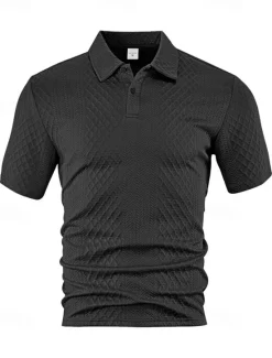 Sale OUKU Men's Golf Shirt Golf Polos Shirts Work Casual Lapel Short Sleeve Basic Modern Plain Buttons Jacquard Summer Spring Regular Fit Black White Navy Blue Khaki Gray Light Blue Golf Shirt