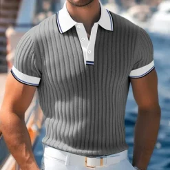 Online OUKU Men's Golf Shirt Knit Polo Work Casual Lapel Ribbed Polo Collar Short Sleeve Basic Modern Color Block Patchwork Buttons Spring & Summer Regular Fit White Blue Green Gray Golf Shirt