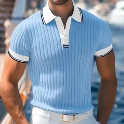 Online OUKU Men's Golf Shirt Knit Polo Work Casual Lapel Ribbed Polo Collar Short Sleeve Basic Modern Color Block Patchwork Buttons Spring & Summer Regular Fit White Blue Green Gray Golf Shirt
