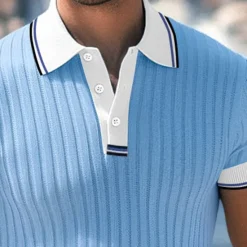 Online OUKU Men's Golf Shirt Knit Polo Work Casual Lapel Ribbed Polo Collar Short Sleeve Basic Modern Color Block Patchwork Buttons Spring & Summer Regular Fit White Blue Green Gray Golf Shirt