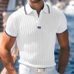 Online OUKU Men's Golf Shirt Knit Polo Work Casual Lapel Ribbed Polo Collar Short Sleeve Basic Modern Color Block Patchwork Buttons Spring & Summer Regular Fit White Blue Green Gray Golf Shirt