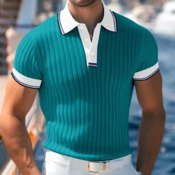 Online OUKU Men's Golf Shirt Knit Polo Work Casual Lapel Ribbed Polo Collar Short Sleeve Basic Modern Color Block Patchwork Buttons Spring & Summer Regular Fit White Blue Green Gray Golf Shirt