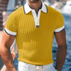 Online OUKU Men's Golf Shirt Knit Polo Work Casual Lapel Ribbed Polo Collar Short Sleeve Basic Modern Color Block Patchwork Buttons Spring & Summer Regular Fit White Blue Green Gray Golf Shirt