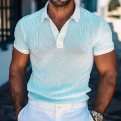 Hot OUKU Men's Golf Shirt Knit Polo Business Casual Classic Short Sleeve Fashion Solid Color Button Knitted Summer Spring Regular Fit Light Brown White Burgundy Sky Blue Dark Grey Golf Shirt