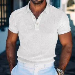 Hot OUKU Men's Golf Shirt Knit Polo Business Casual Classic Short Sleeve Fashion Solid Color Button Knitted Summer Spring Regular Fit Light Brown White Burgundy Sky Blue Dark Grey Golf Shirt
