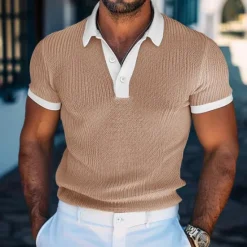 Hot OUKU Men's Golf Shirt Knit Polo Business Casual Classic Short Sleeve Fashion Solid Color Button Knitted Summer Spring Regular Fit Light Brown White Burgundy Sky Blue Dark Grey Golf Shirt