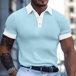 Online OUKU Men's Golf Shirt Knit Polo Business Casual Classic Short Sleeve Fashion Old Money Style Color Block Button Knitted Summer Spring Regular Fit Light Blue Dark Grey White Burgundy Khaki Golf Shirt