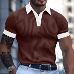 Online OUKU Men's Golf Shirt Knit Polo Business Casual Classic Short Sleeve Fashion Old Money Style Color Block Button Knitted Summer Spring Regular Fit Light Blue Dark Grey White Burgundy Khaki Golf Shirt