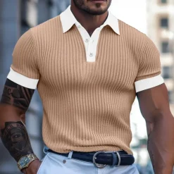 Online OUKU Men's Golf Shirt Knit Polo Business Casual Classic Short Sleeve Fashion Old Money Style Color Block Button Knitted Summer Spring Regular Fit Light Blue Dark Grey White Burgundy Khaki Golf Shirt