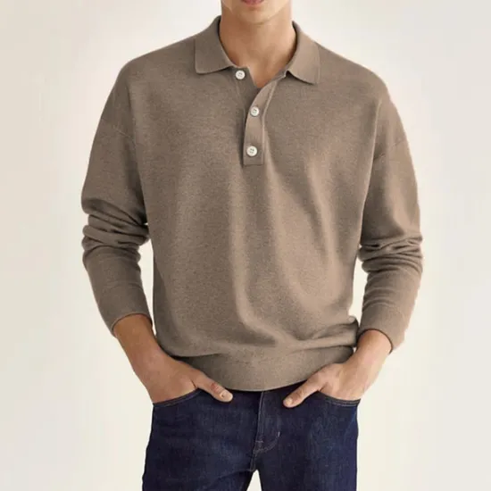 Online OUKU Men's Golf Shirt Knit Polo Street Casual Polo Collar Classic Long Sleeve Fashion Casual Solid Color Plain Button Front Simple Spring & Fall Regular Fit Black White Light Green Pink Wine Navy Blue