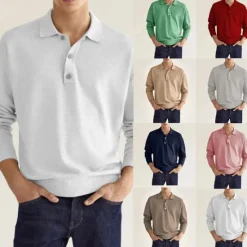 Online OUKU Men's Golf Shirt Knit Polo Street Casual Polo Collar Classic Long Sleeve Fashion Casual Solid Color Plain Button Front Simple Spring & Fall Regular Fit Black White Light Green Pink Wine Navy Blue