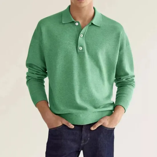 Online OUKU Men's Golf Shirt Knit Polo Street Casual Polo Collar Classic Long Sleeve Fashion Casual Solid Color Plain Button Front Simple Spring & Fall Regular Fit Black White Light Green Pink Wine Navy Blue