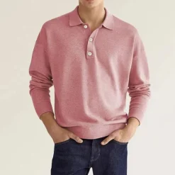 Online OUKU Men's Golf Shirt Knit Polo Street Casual Polo Collar Classic Long Sleeve Fashion Casual Solid Color Plain Button Front Simple Spring & Fall Regular Fit Black White Light Green Pink Wine Navy Blue