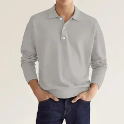 Online OUKU Men's Golf Shirt Knit Polo Street Casual Polo Collar Classic Long Sleeve Fashion Casual Solid Color Plain Button Front Simple Spring & Fall Regular Fit Black White Light Green Pink Wine Navy Blue