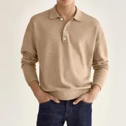 Online OUKU Men's Golf Shirt Knit Polo Street Casual Polo Collar Classic Long Sleeve Fashion Casual Solid Color Plain Button Front Simple Spring & Fall Regular Fit Black White Light Green Pink Wine Navy Blue