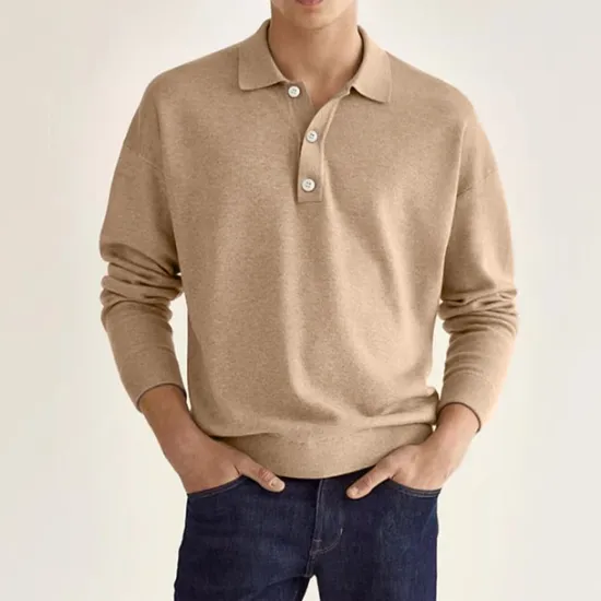 Online OUKU Men's Golf Shirt Knit Polo Street Casual Polo Collar Classic Long Sleeve Fashion Casual Solid Color Plain Button Front Simple Spring & Fall Regular Fit Black White Light Green Pink Wine Navy Blue