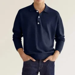 Online OUKU Men's Golf Shirt Knit Polo Street Casual Polo Collar Classic Long Sleeve Fashion Casual Solid Color Plain Button Front Simple Spring & Fall Regular Fit Black White Light Green Pink Wine Navy Blue