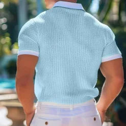 Online OUKU Men's Golf Shirt Knit Polo Business Casual Classic Short Sleeve Fashion Old Money Style Solid Color Button Knitted Summer Spring Regular Fit Light Blue White Burgundy Khaki Grey Golf Shirt